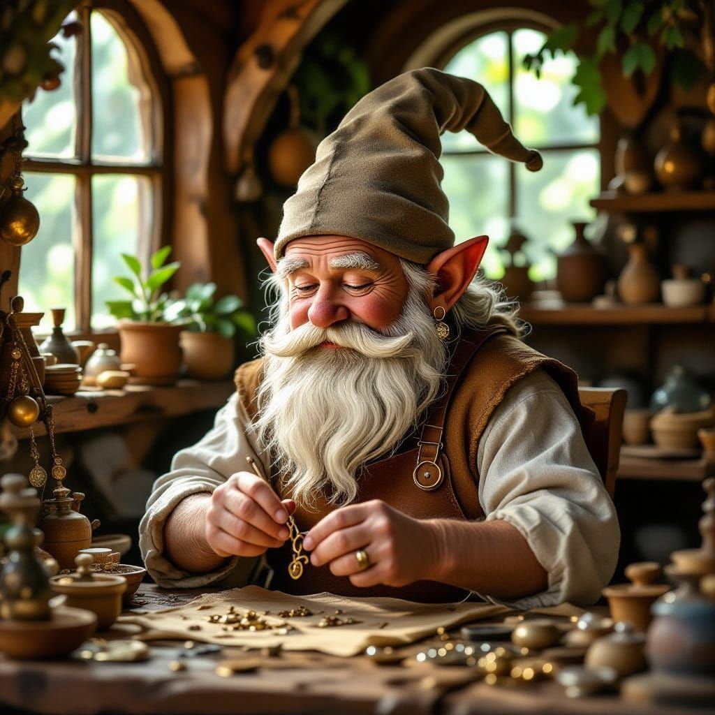 Whimsical Gnome Craftsman in Earthy, Enchanted Forest Worksh...