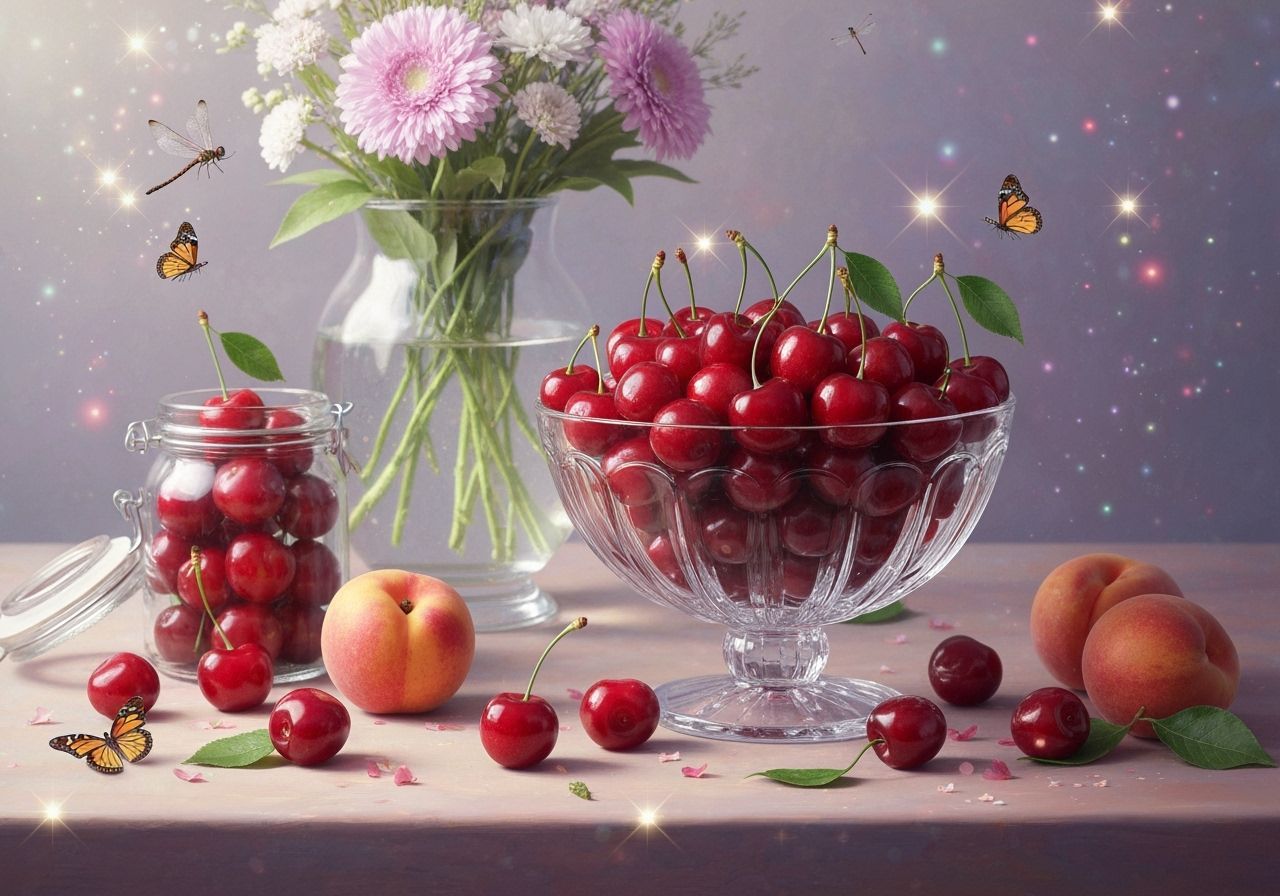 Dreamy Still Life of Cherries and Blossoms