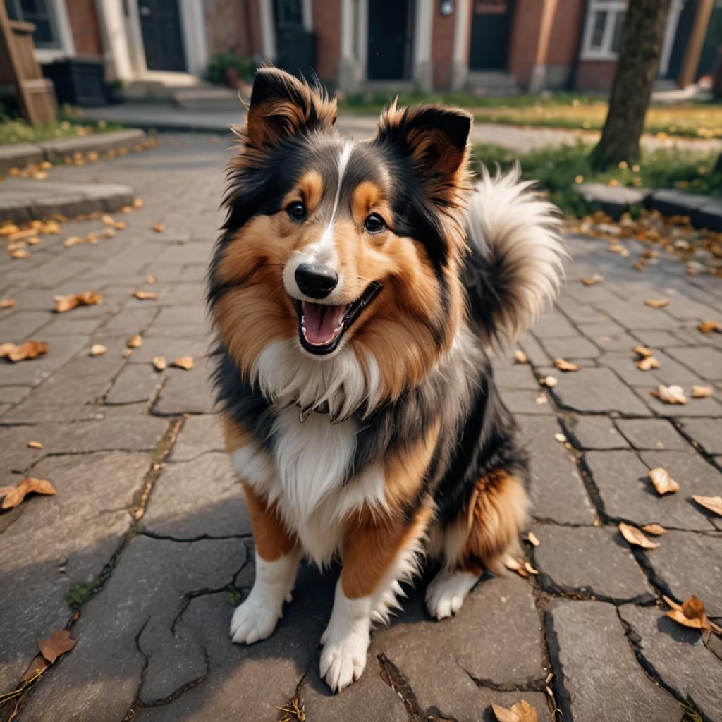 Smiling Sable Sheltie in 3D Game Cinematic Style
