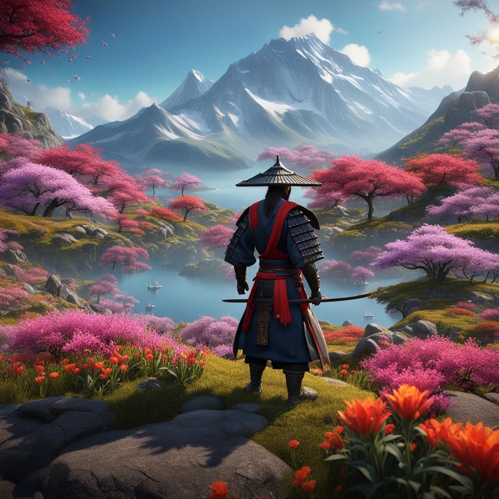 Samurai on Cliff Overlooking Mountains and Lakes