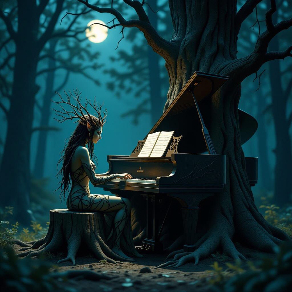 Dryad at an Oak Piano in Dark Fantasy Style
