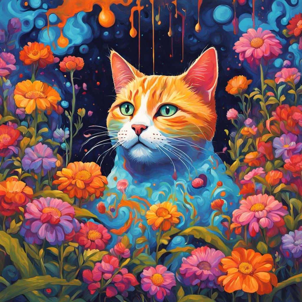 Conical Cat in Psychedelic Garden Splash Art