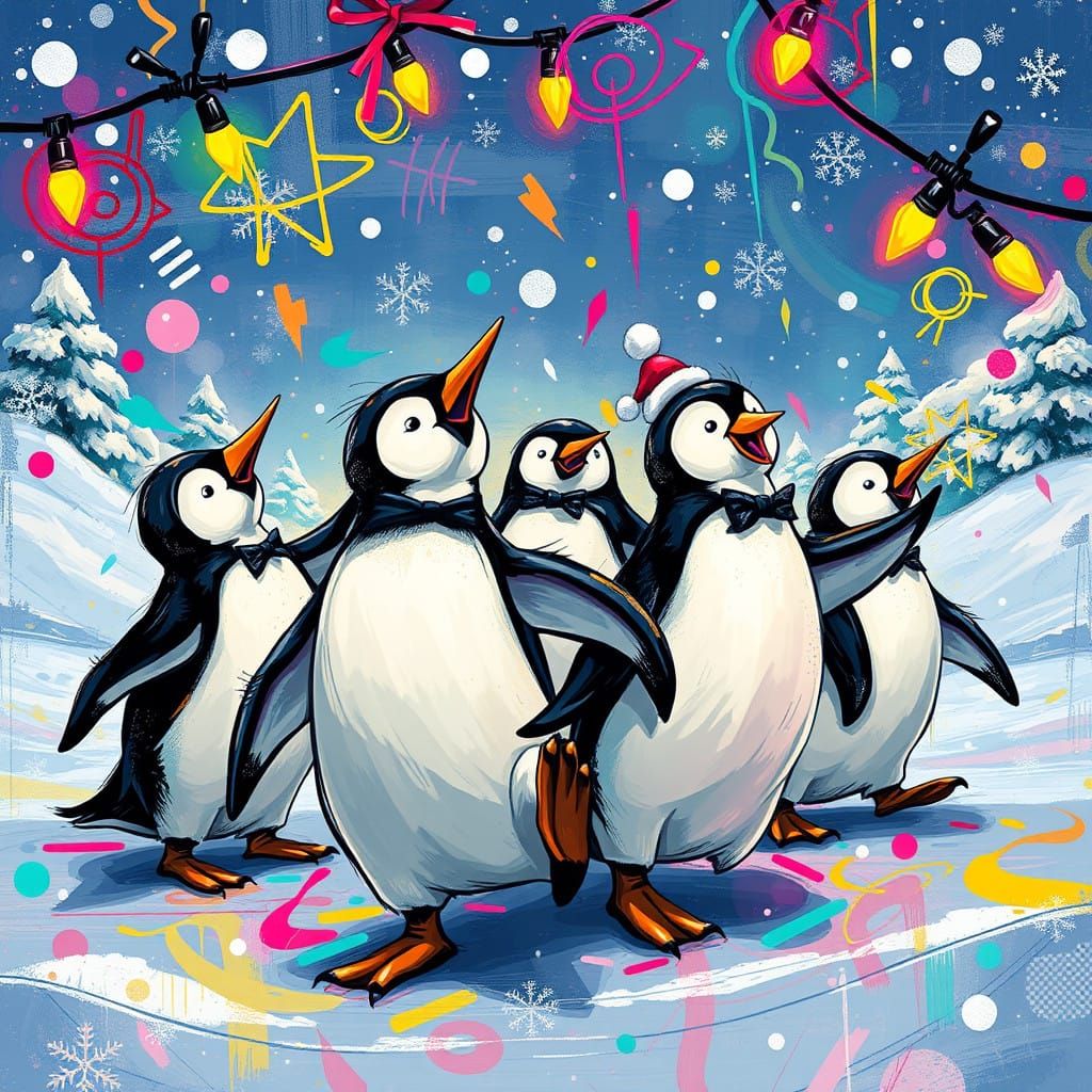 Festive Penguins Dance Under Whimsical String Lights
