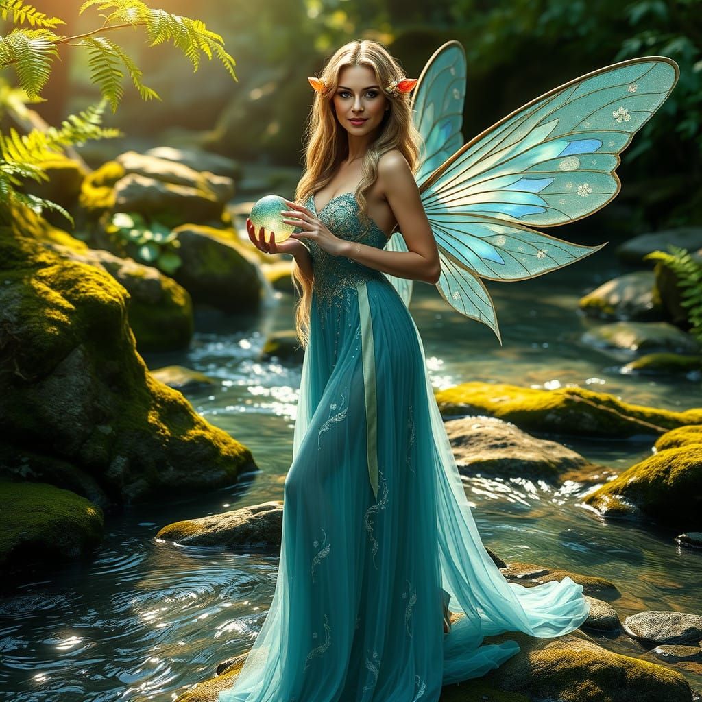 Photorealistic Stream Fairy Standing by Woodland Brook