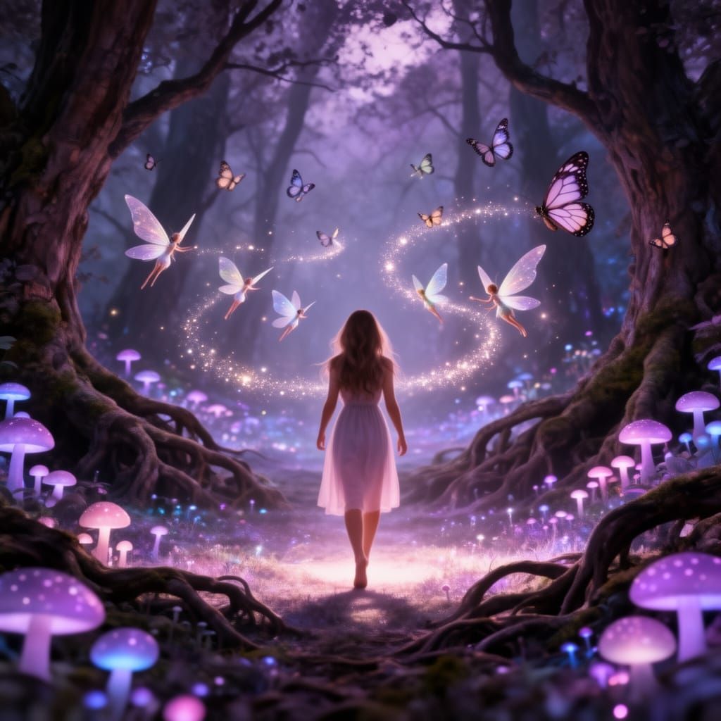 Woman in Bioluminescent Forest with Fairies and Glowing Mush...