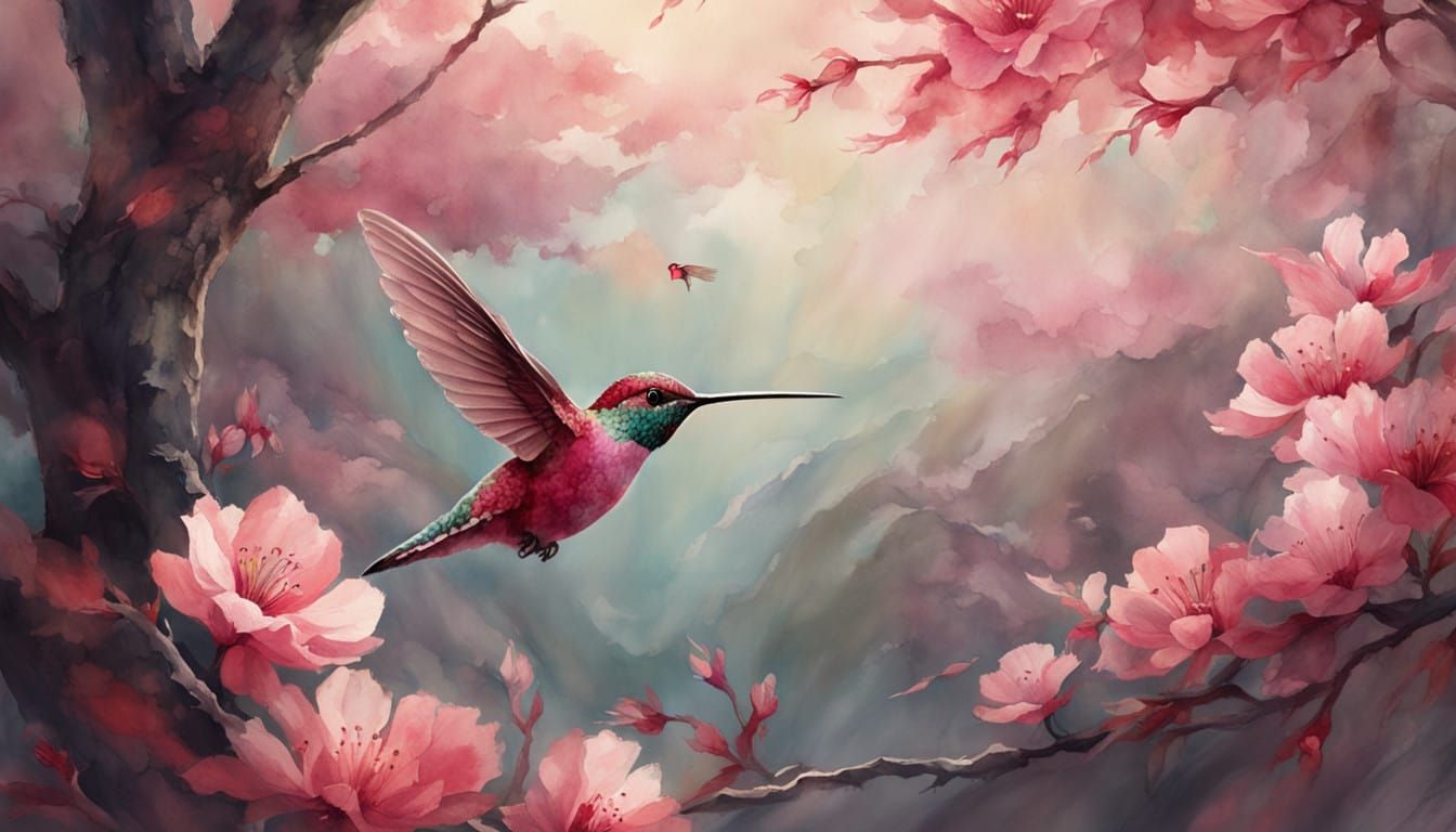 Surreal Cherry Blossom Hummingbird in Watercolor