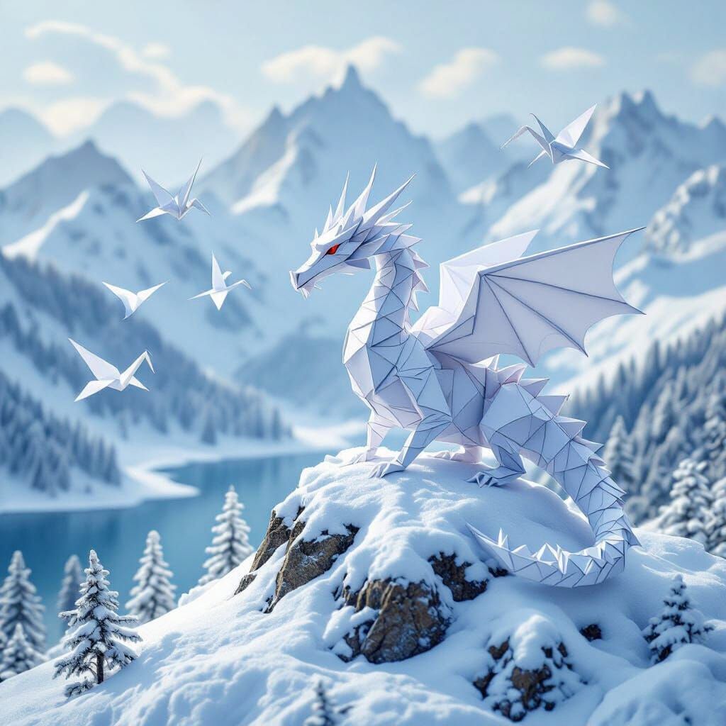 Origami Dragon Soaring Over Snowy Mountain, Miyazaki Style