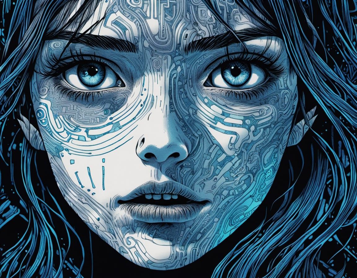 Glitching Code Face in Junji Ito Manga Style