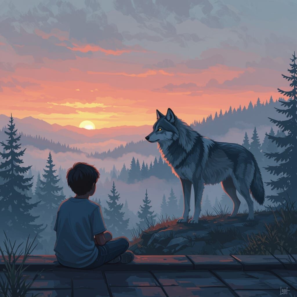Boy and Wolf at Dusk, Digital Art