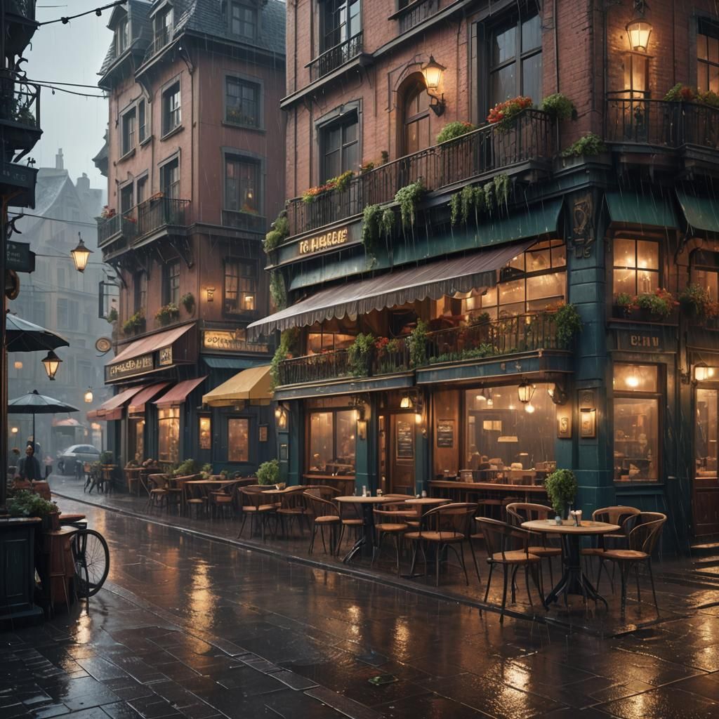 Rainy European Cafe: Detailed Matte Painting