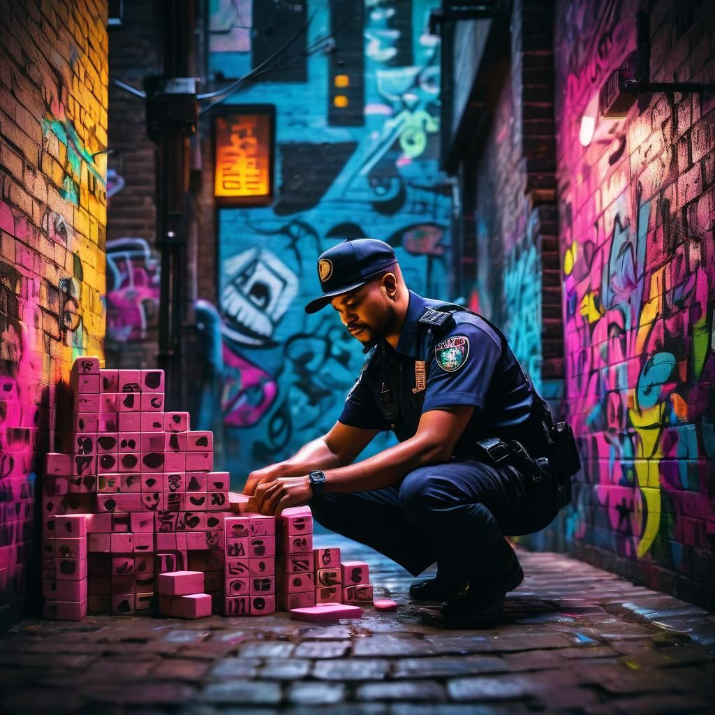 Cartoon Security Guard Playing Jenga Street Art