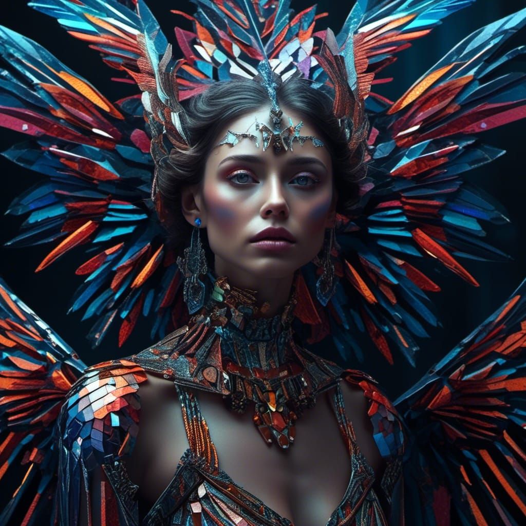 Hyperrealistic Portrait of Woman with Geometric Wings