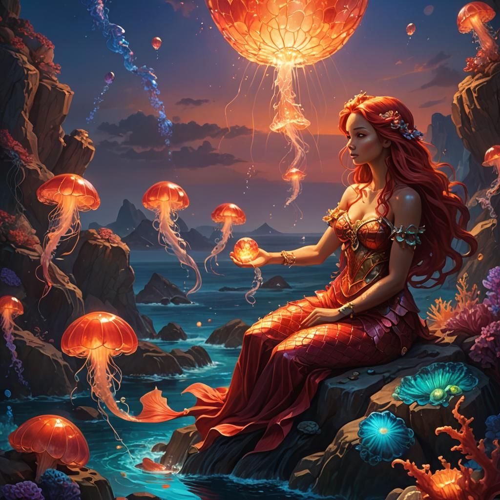 Red Mermaid with Jellyfish Lantern: Fantasy Art