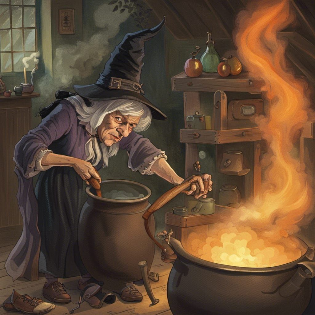 Old Witch Stirring Cauldron with Bat
