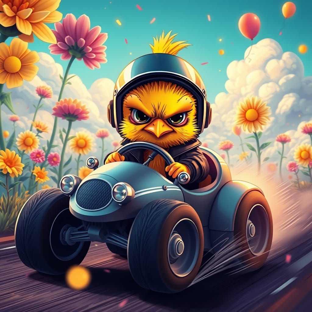 Baby Chick Races Through Whimsical Landscape