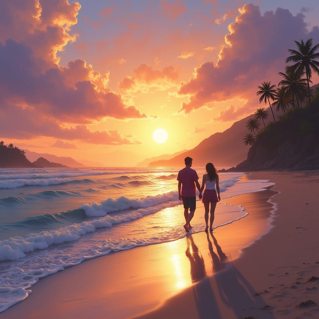 Couple Strolling at Breathtaking Beach Sunset in Hyperrealis...