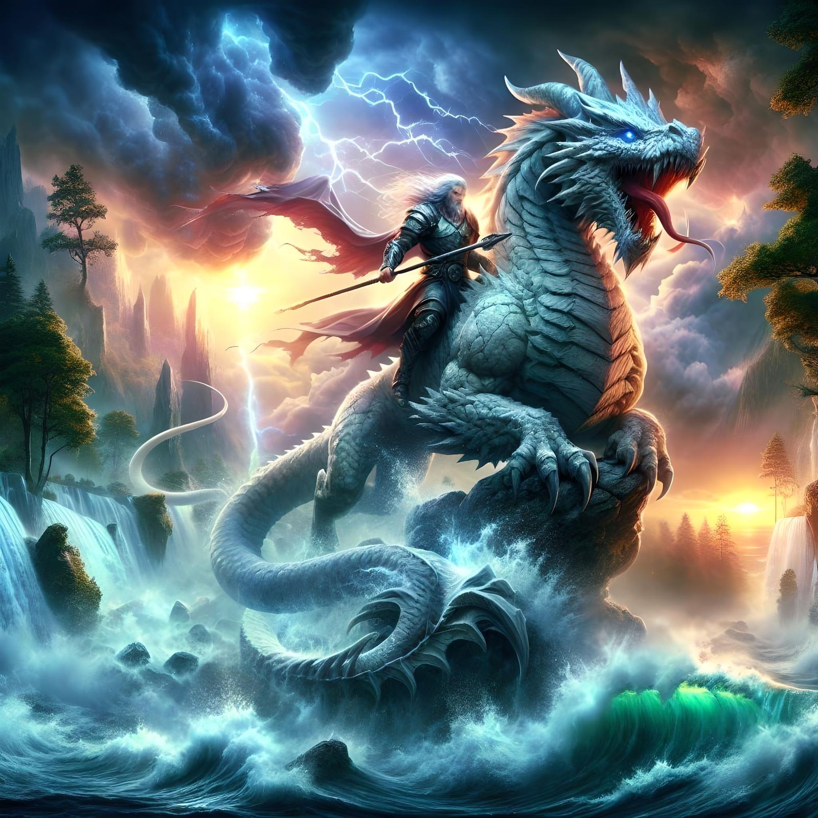 Dragon Rider Amidst Storm, in Orphism Style