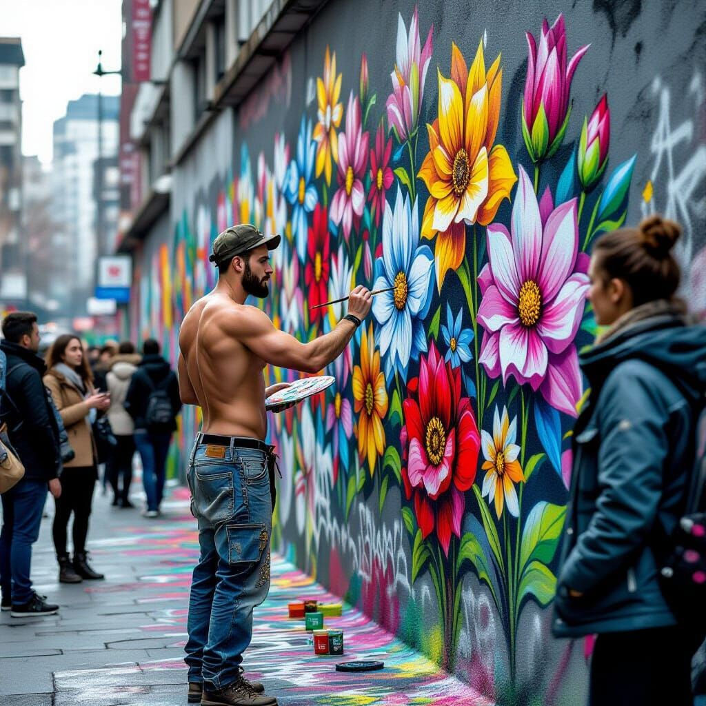 Street Artist Paints Vibrant Flowers in Gloomy Futuristic Ci...