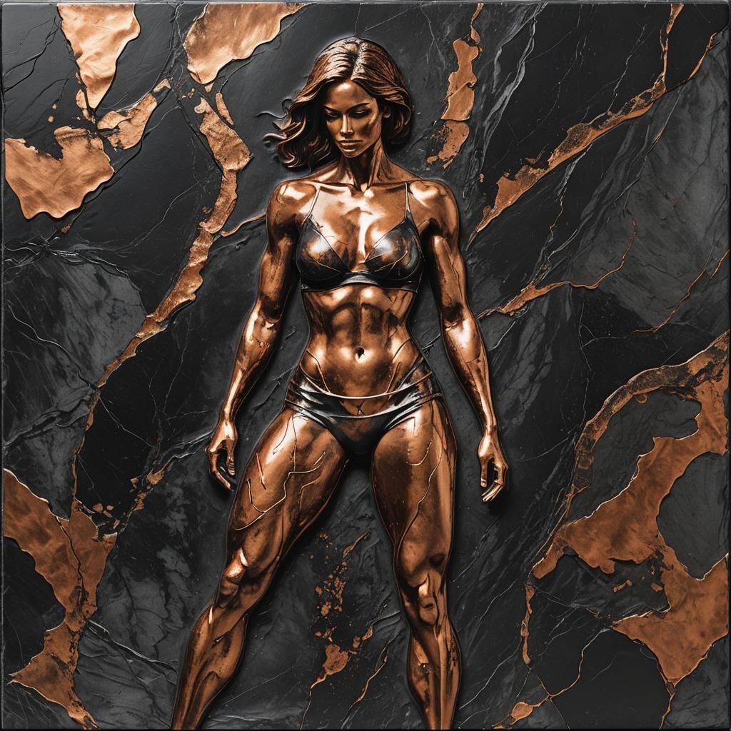 Fitness Model Posing with Abstract Impasto Copper Etching