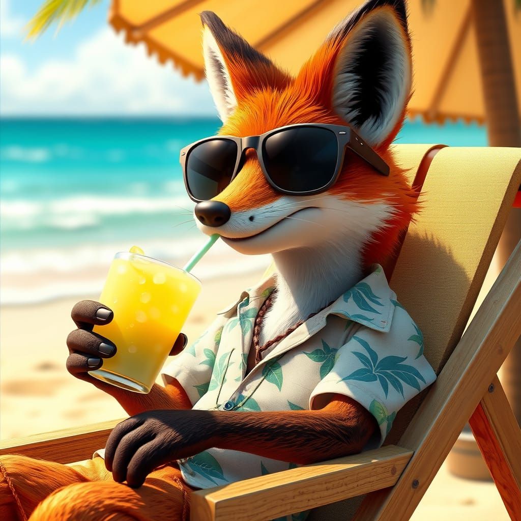 Fox Lounging on Beach in CGI Style