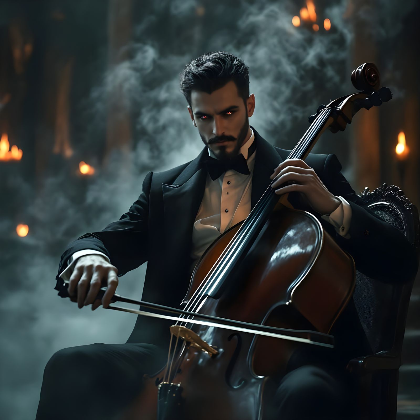 Steampunk Cello Maestro in Vintage Opera House Flames