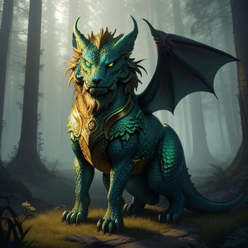 Dragon Wolf in Mystical Forest: Fantasy Art