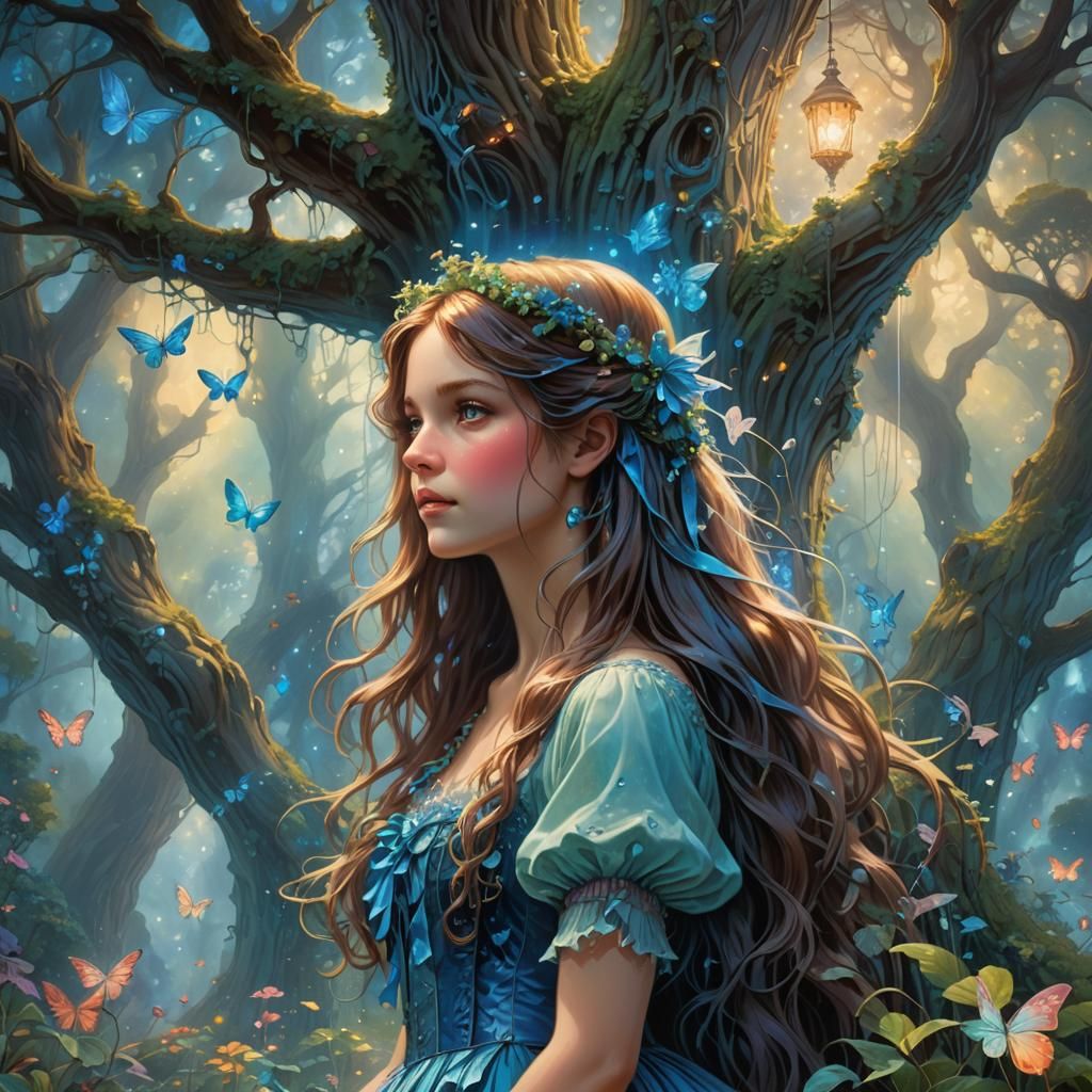 Victorian Girl and Fairies in Psychedelic Art Nouveau Style