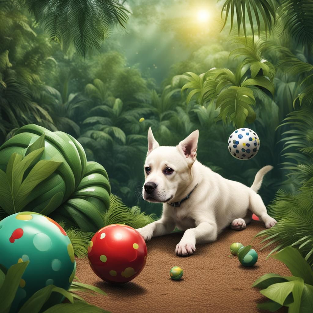 Cute Dog Fetching Balls in Lush Jungle
