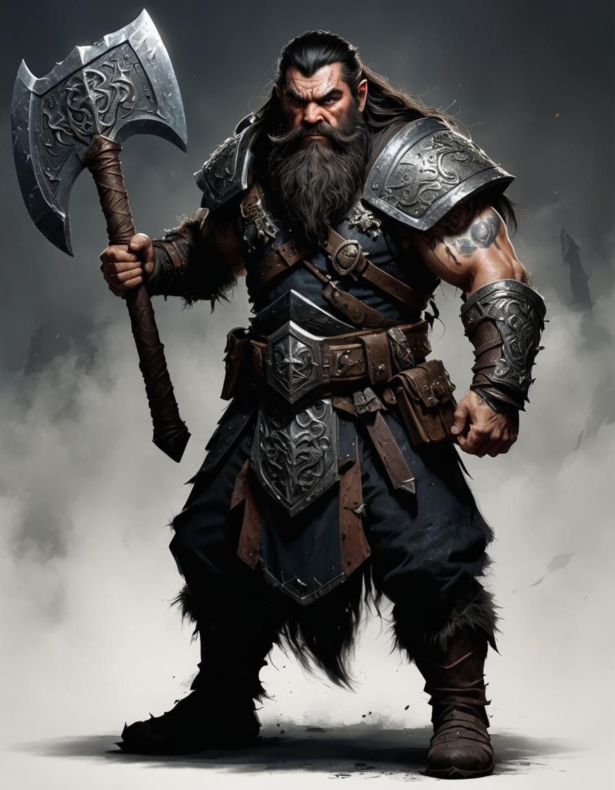 Male evil dwarf warrior with long black hair and beard with ...