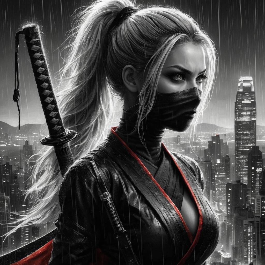 Ninja Crimefighter Over Dark Hong Kong in Black and White