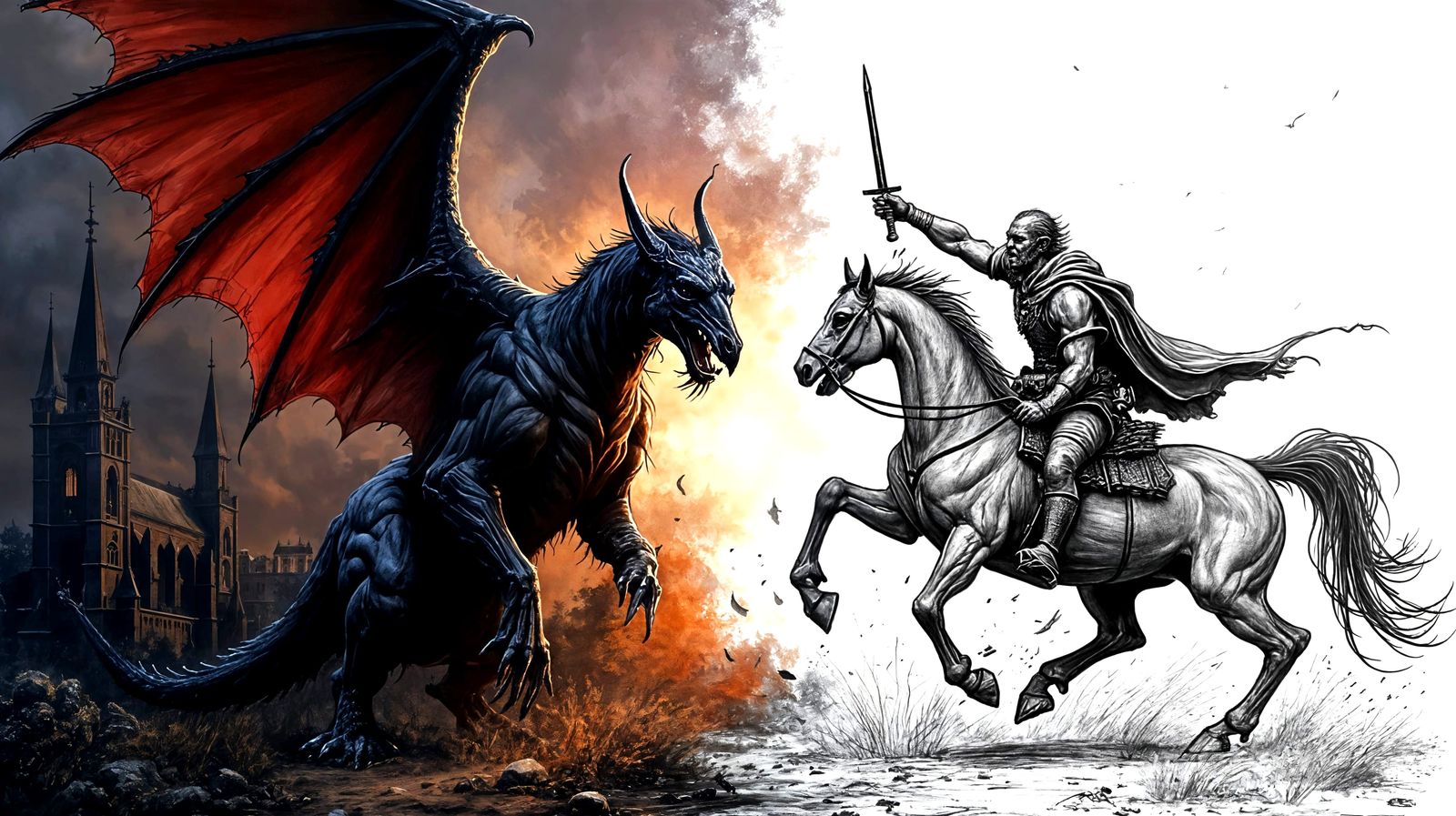 Gargoyle vs Warrior: Oil Painting and Pencil Drawing