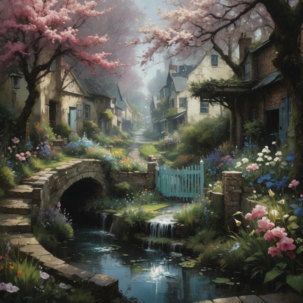 Spring Village Surrounded by Gardens: Acrylic Painting