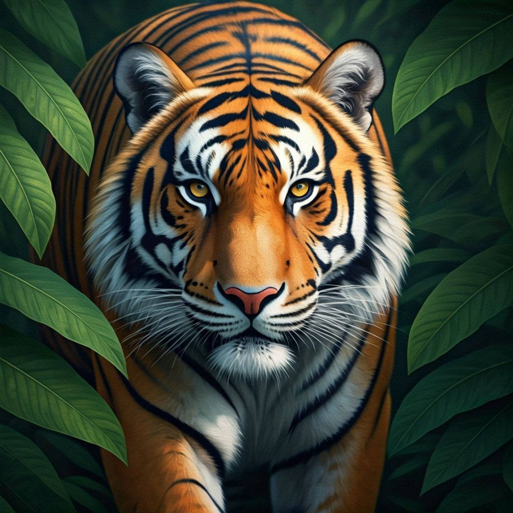 Majestic Tiger Prowling Through Jungle: Oil Painting