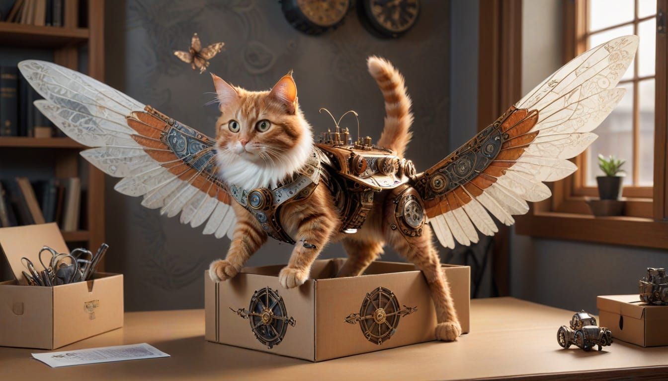 Steampunk Cat with Firefly Wings in Home Office