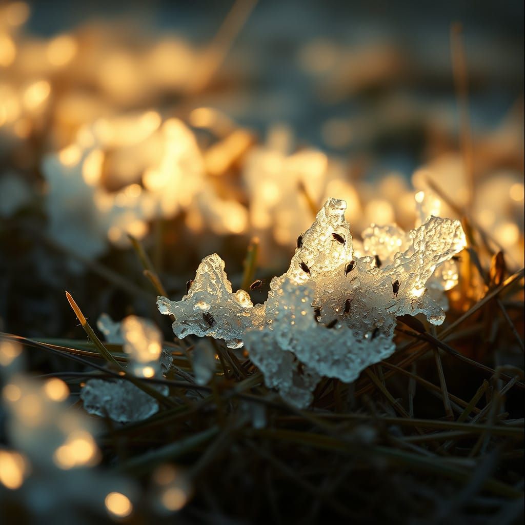 Golden Autumn Ice Landscapes with Delicate Grass