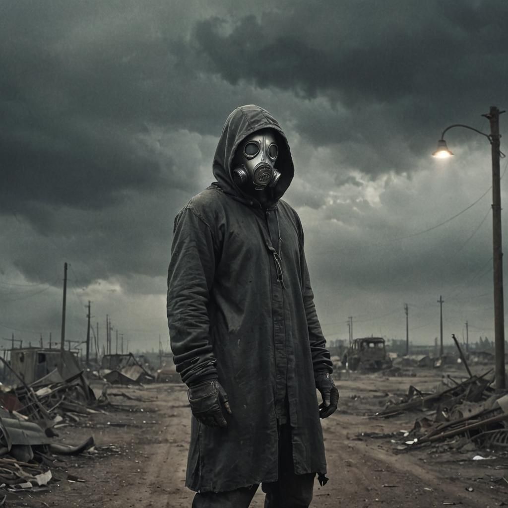 Post-Apocalyptic Figure in Wasteland with Lantern