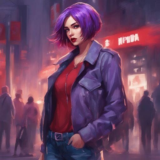 Beautiful Purple Haired Student on City Street