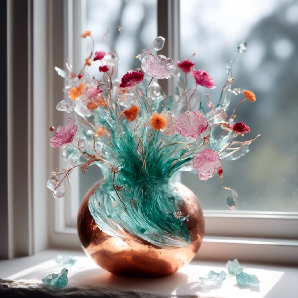 Elegant Glass Flowers in Copper Vase