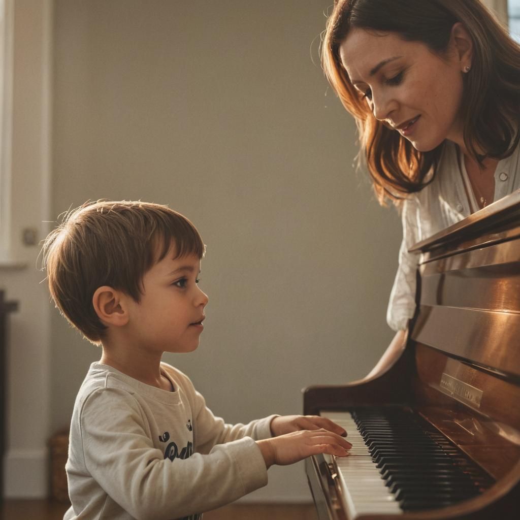 Mother Teaching Son Piano with Lens Flare