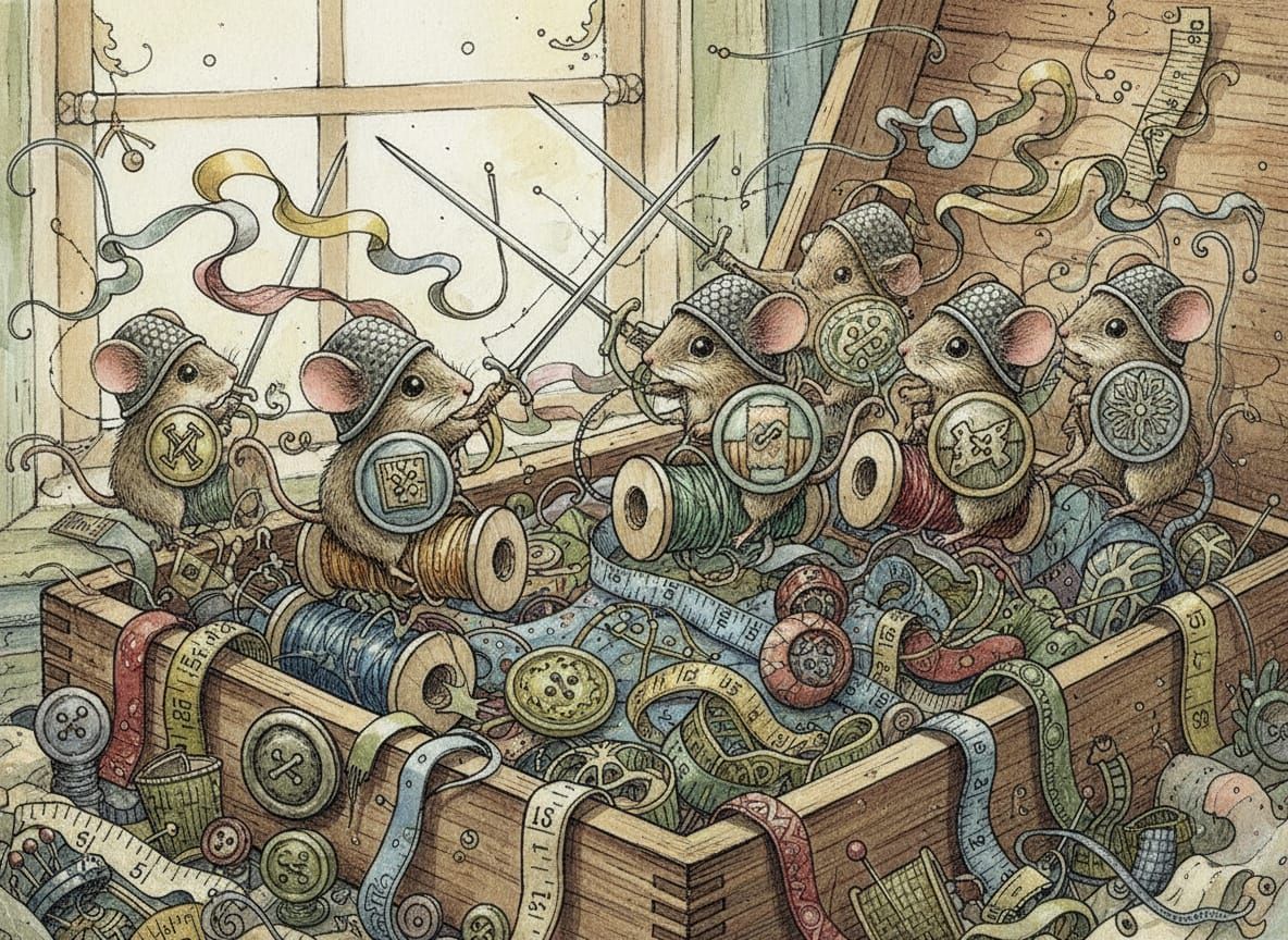 Mice Knights Playing with Sewing Supplies
