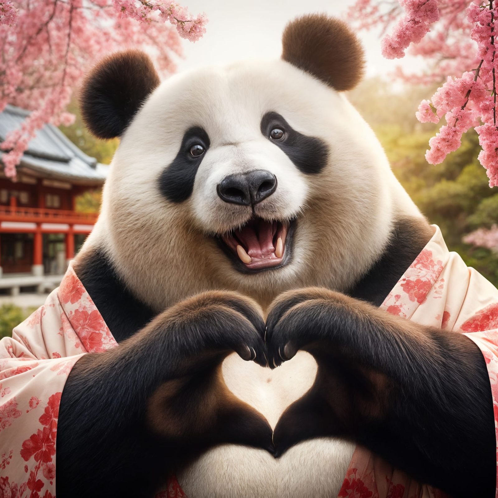 Obese Panda Bear in a Kimono, Smiling in a Zen Garden