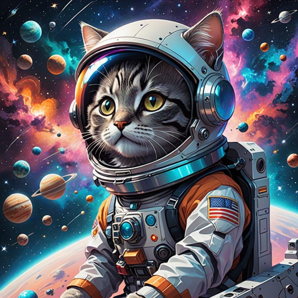 Kitten Pilot Navigating a Colorful Nebula