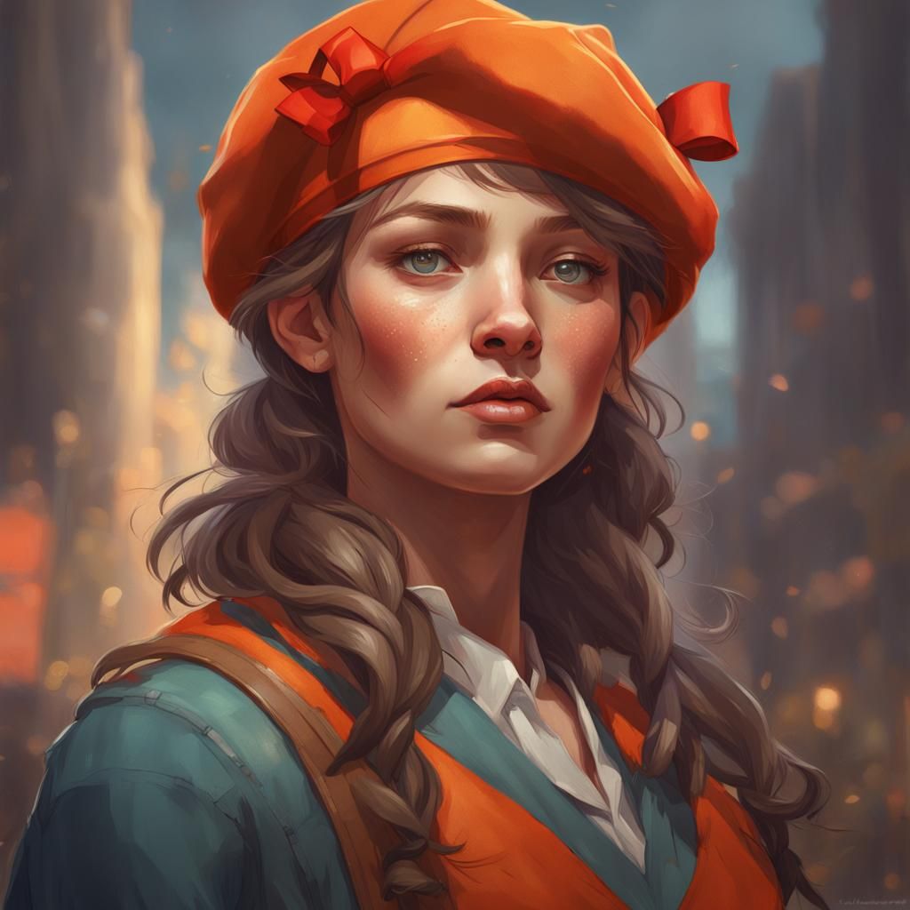 Woman in Orange Beret: Hyperdetailed Portrait