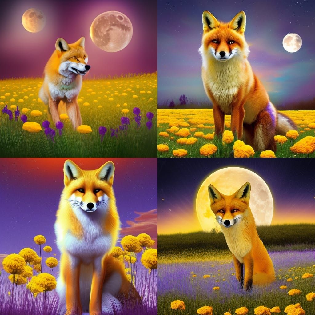 Golden Fox in Marigold Meadow Under Purple Moon
