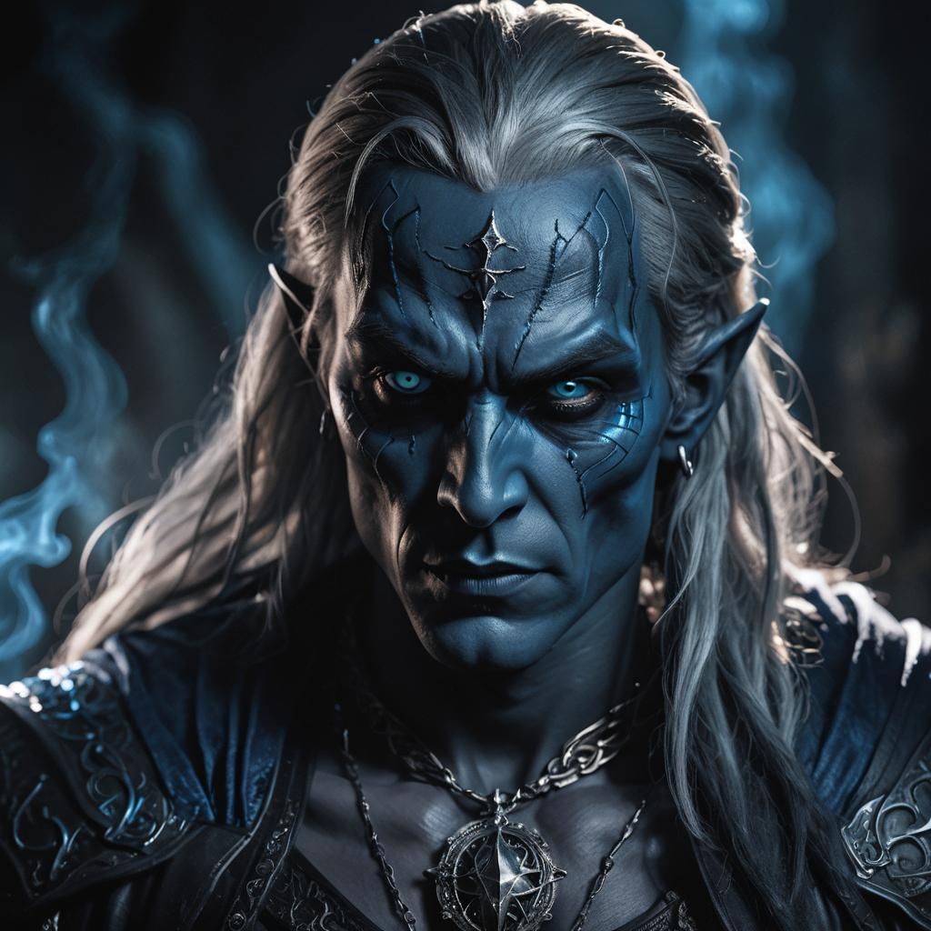 Photorealistic Drow Sorcerer Portrait in Mystical Chamber