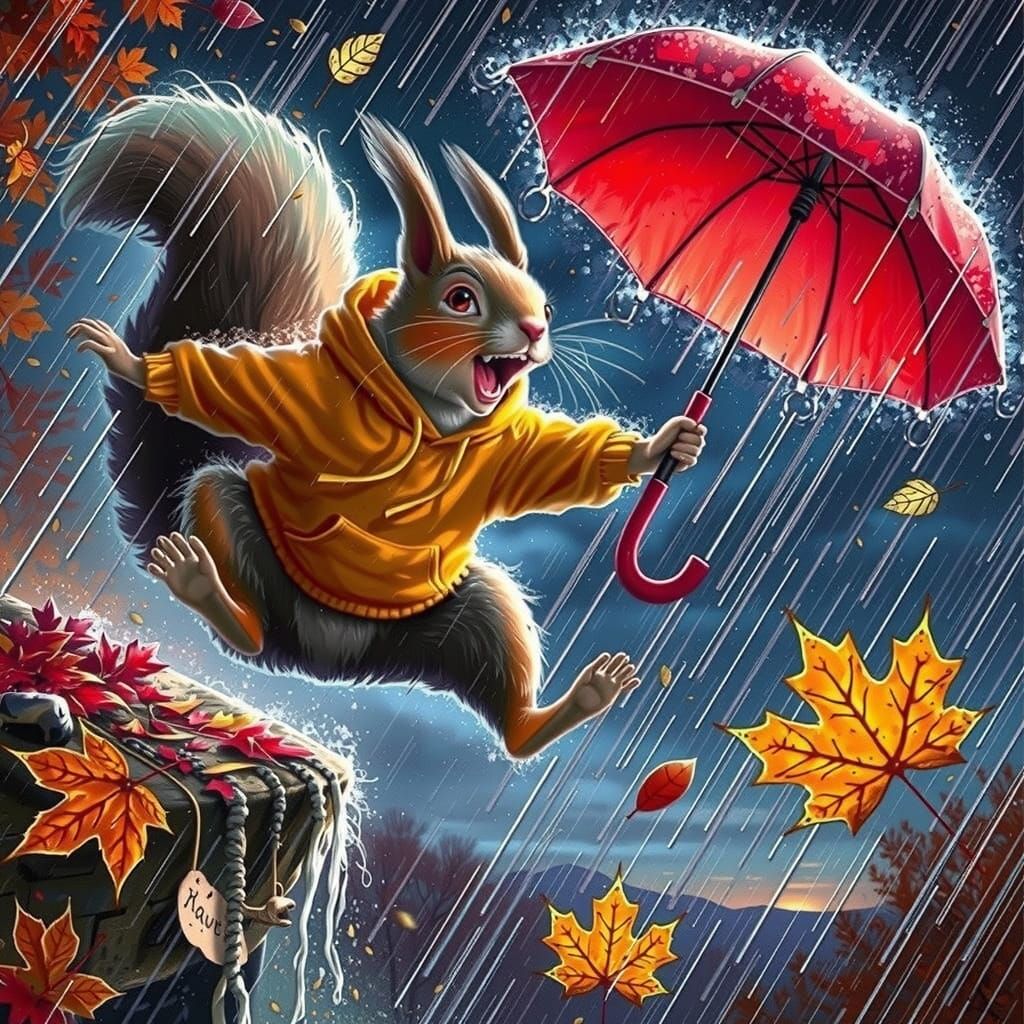 Autumn Squirrel Leaps into Rainy Night
