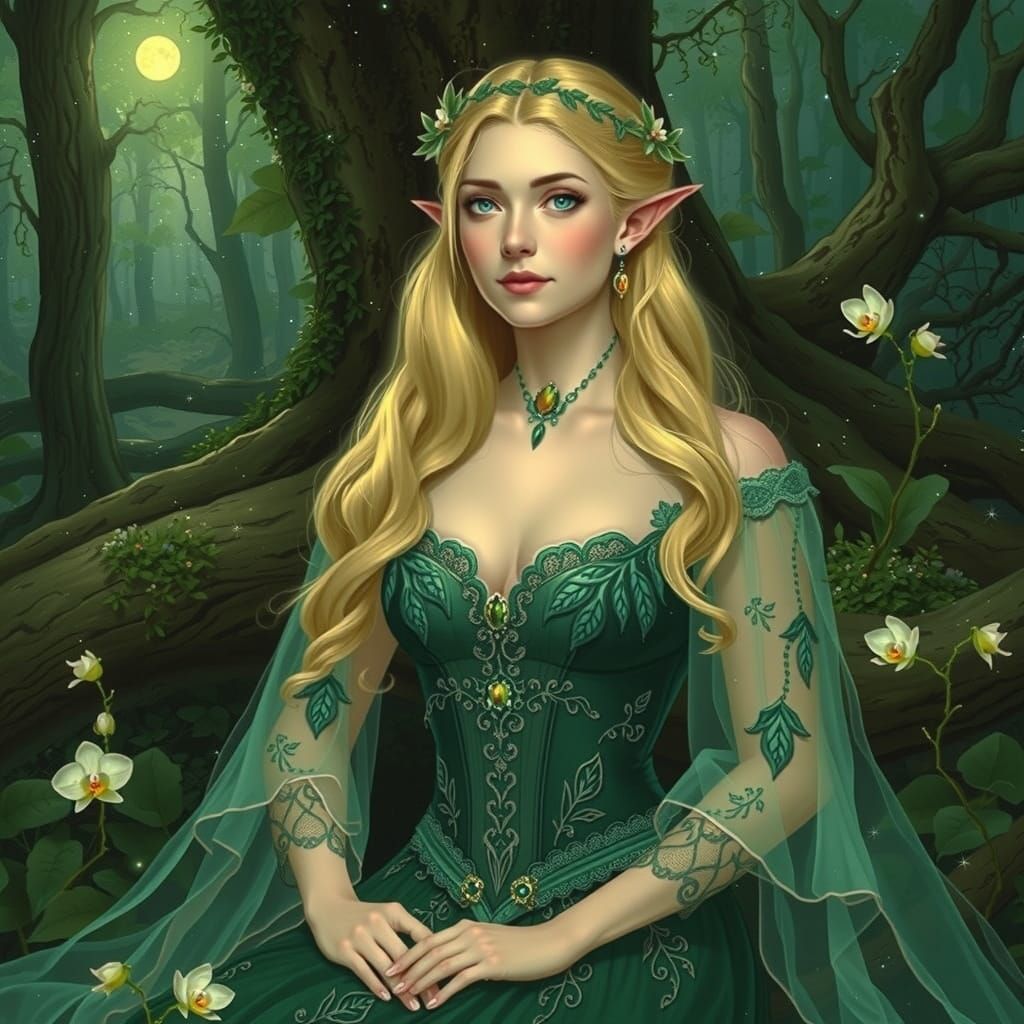 Elegant Elf Woman in Glowing Forest Art Nouveau Style