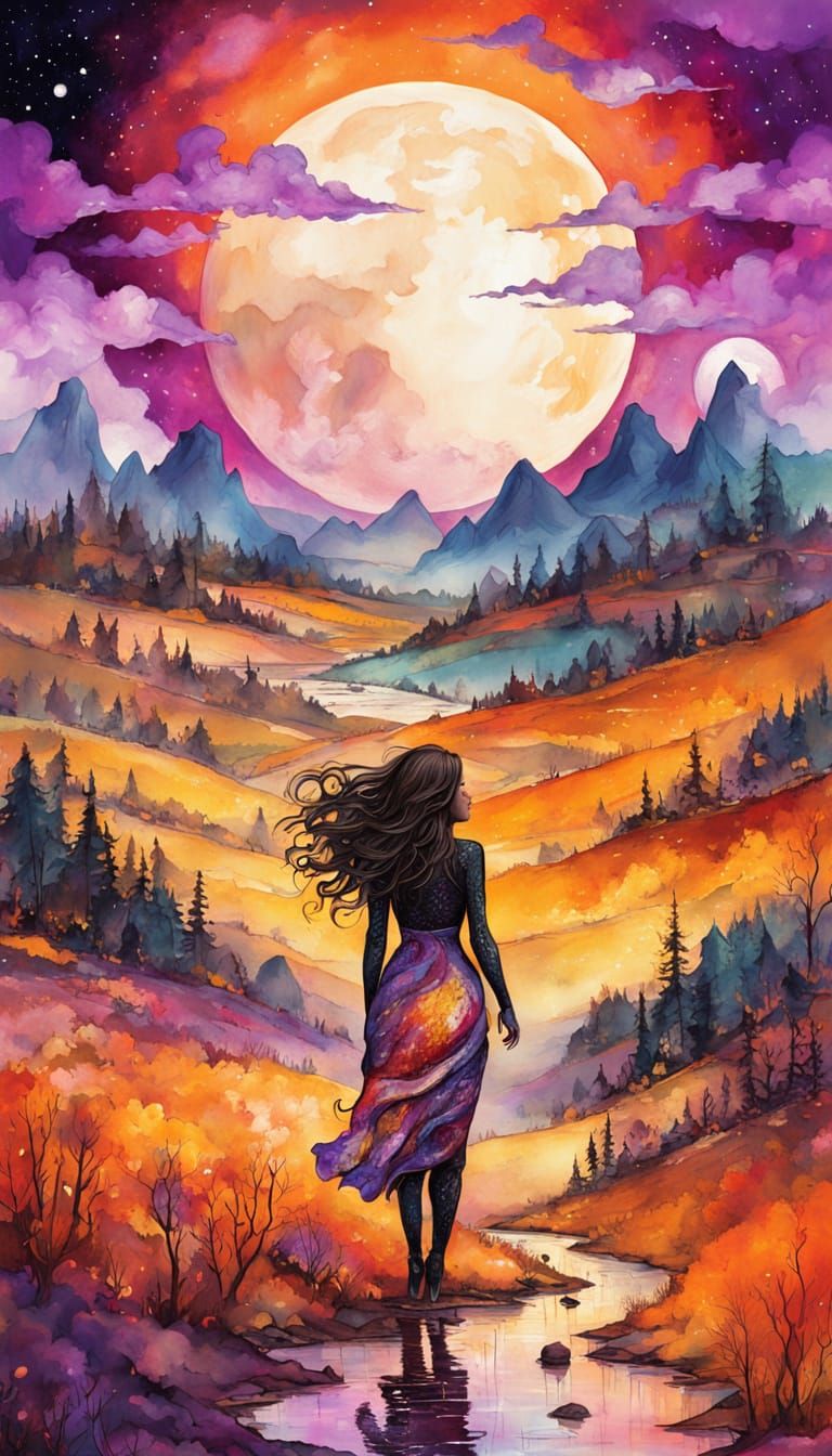 Gothic Woman and Moon in Alcohol Ink Watercolor