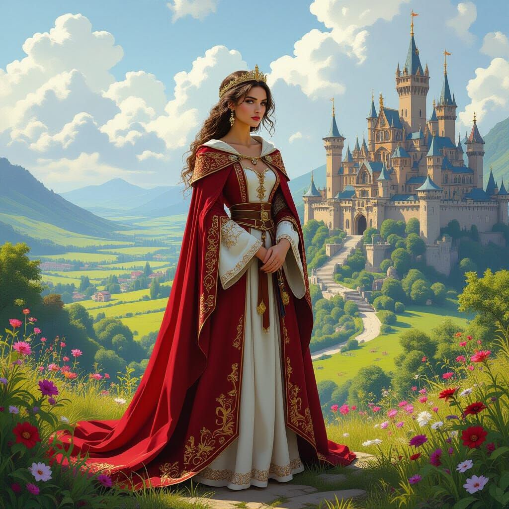 Regal Woman in Lush Kingdom, Dreamlike Art