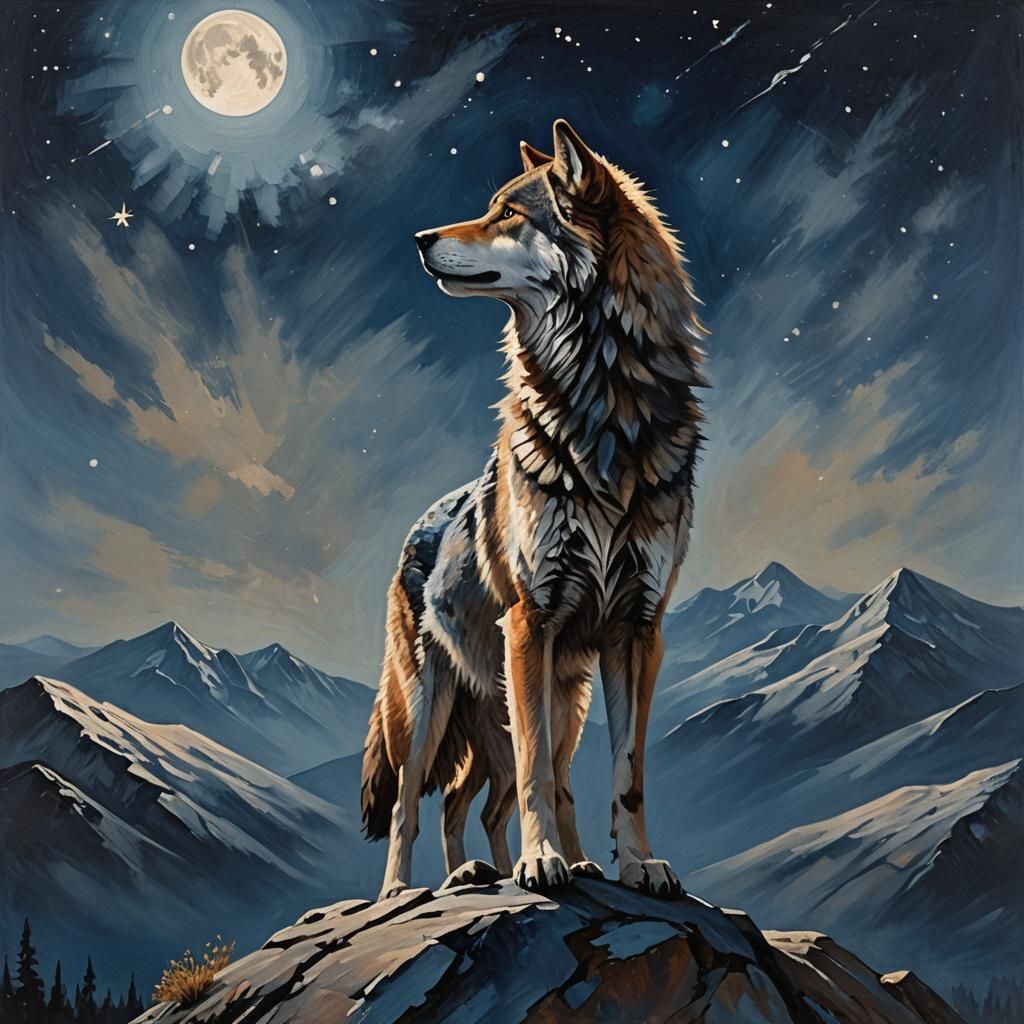 Wolf on a mountain surrounded by stars